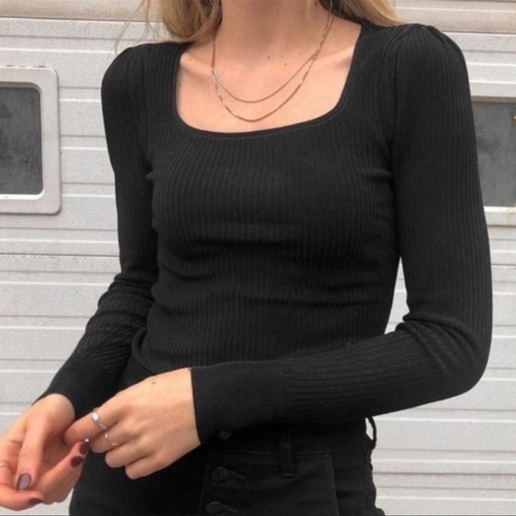 Everlane The Square Neck Long Puff Sleeve Ribbed Knit Sweater Top Black Small - Picture 1 of 9